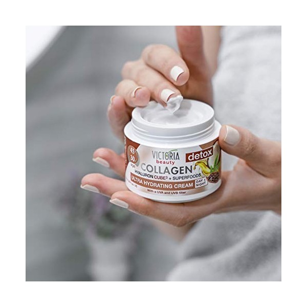 Victoria Beauty Crème au collagène à lacide hyaluronique, crème raffermissante pour le visage avec collagène, hyaluron, supe