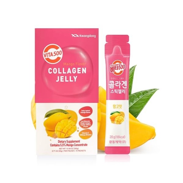 Kwangdong Vita500 Bâtonnets de peptides de collagène à la mangue, avec vitamine C, pour soutenir la peau, les cheveux, les on