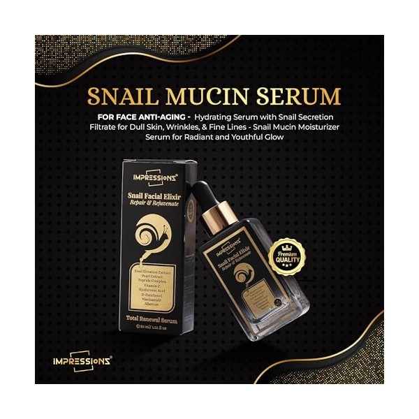 ImpressionZ Instant Visible Glow Snail Serum for Face - Collagen Enhancing Hydrating Serum with Snail Secretion Filtrate for 