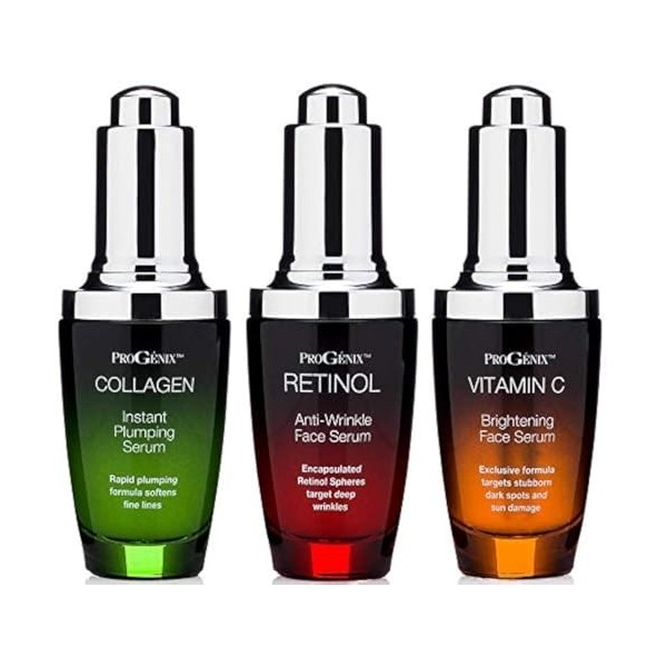 Progenix Lot de 3 sérums anti-âge professionnels pour la peau - Sérum de collagène, sérum rétinol, sérum à la vitamine C - Ai