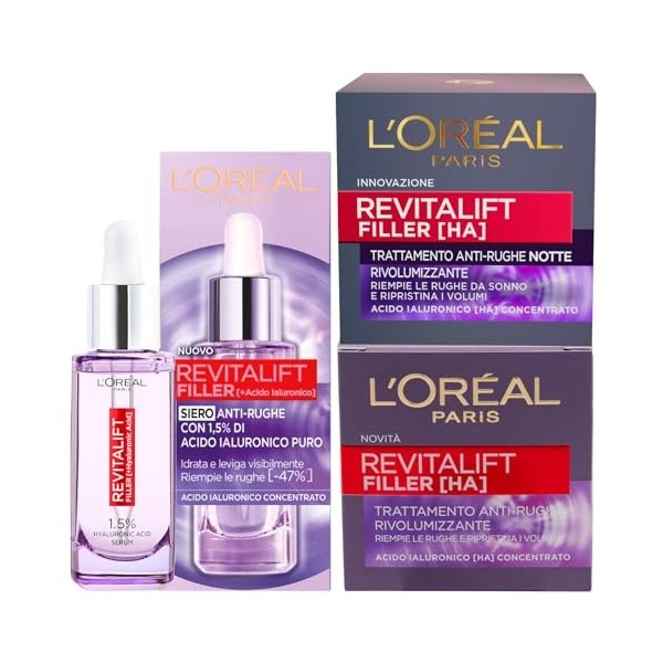 LOréal Paris Kit Revitalift Filler Sérum Anti-Rides Volumisant Hydratant de 30 ml + Traitement Anti Age Repulpant de 50 ml +