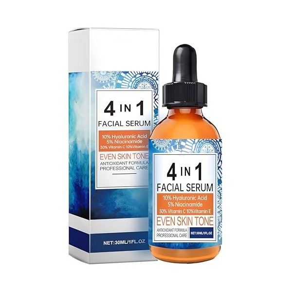 Sérum visage 4 en 1 avec 30 % de vitamine C, 10 % dacide hyaluronique, 5 % de niacinamide, 10 % de vitamine E, sérum anti-âg