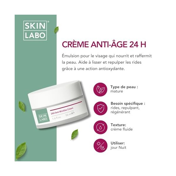 SkinLabo - Crème anti-âge 24H, nourrit et raffermit la peau, lisse et repulpe les rides, action antioxydante et hydratante, a