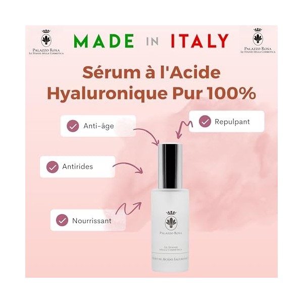 Palazzo Rosa Sérum Visage Acide Hyaluronique Pur 30 ML – Sérum Visage Anti-rides Anti-imperfections Produits de Soins pour Ho