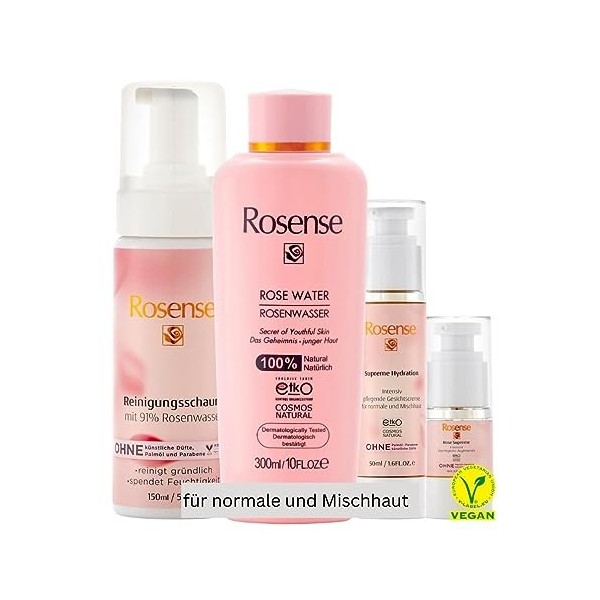 Rosense Kit de soin pour peaux normales/mixtes : mousse nettoyante 150 ml avec panthénol, eau de rose/tonique pour le visage 