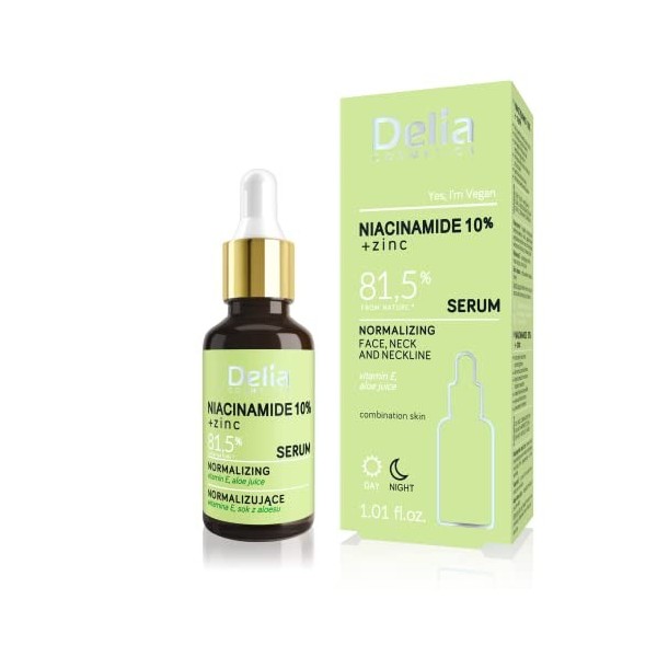 Delia Cosmetics - Sérum Normalisant - Niacinamide 10 % + Zinc - Peau Miste avec Imperfections - Réduit la sérétion de lSebo 