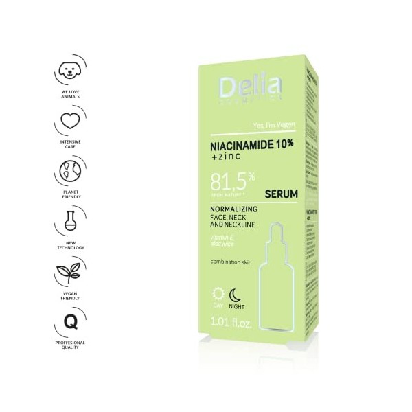 Delia Cosmetics - Sérum Normalisant - Niacinamide 10 % + Zinc - Peau Miste avec Imperfections - Réduit la sérétion de lSebo 