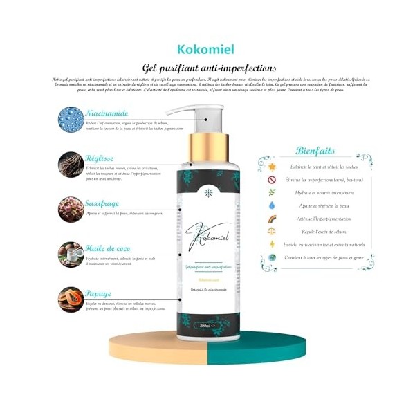 Kokomiel - Gel purifiant anti-imperfections - Purifie la peau - Réduit les Imperfections - Unifie le teint - Régule l’excès d