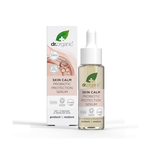 Sérum de Protection Probiotique Dr Organic Skin Calm, Pour les Rougeurs, Peau Sèche, Sensible et Irritable, Testé Dermatologi