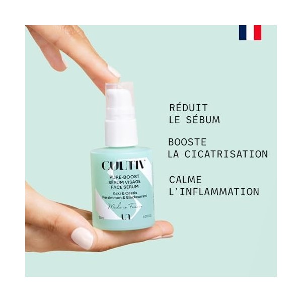 Cultiv - Sérum visage anti-imperfection 30 ml - Réduit points noirs et boutons, -54% sébum - Unifie le teint - Acide hyaluron