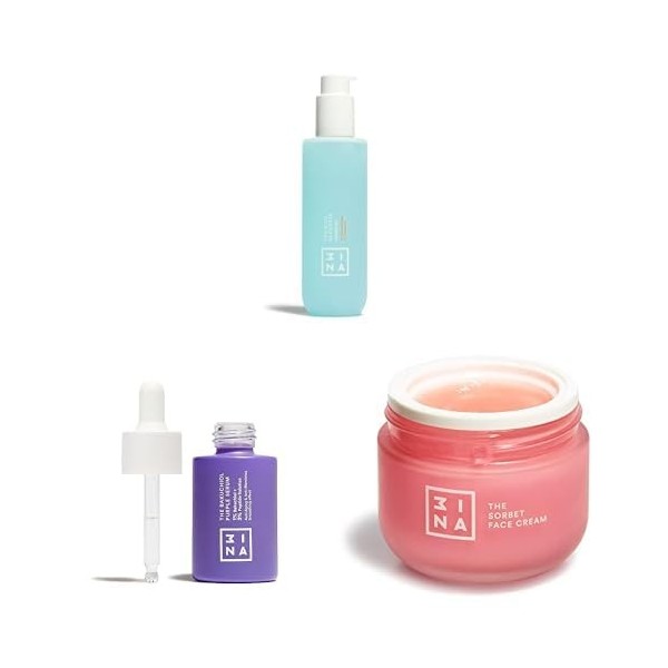 3ina Makeup - The Blue Cleanser + The Bakuchiol Purple Serum + The Sorbet Face Cream - Régule Sébum Acné - Serum Visage Anti-