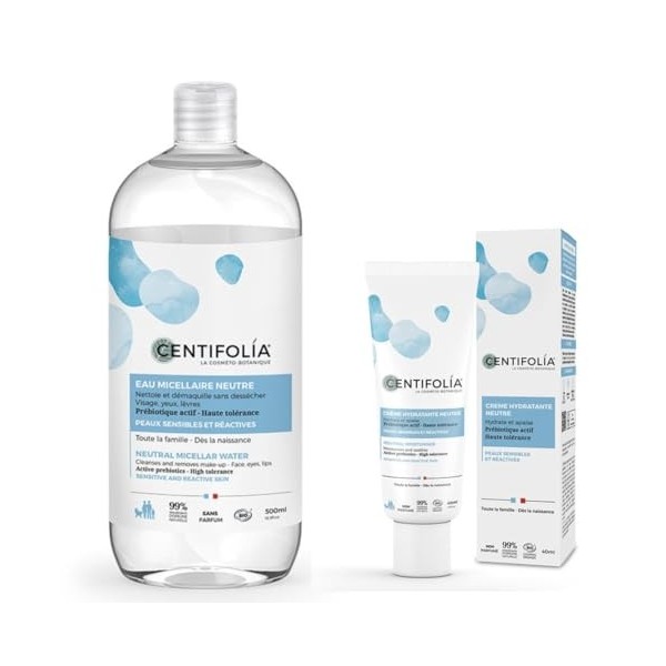 CENTIFOLIA | Eau Micellaire Neutre 500ML + Crème Hydratante Neutre 40ML | Démaquille parfaitement la peau | Apaise immédiatem