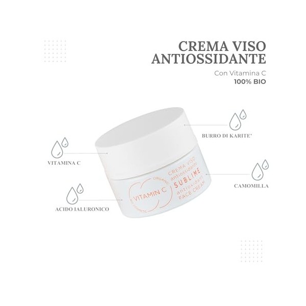 Crème Visage Antioxydante Éclaircissante Vitamine C Bio et Vegan avec Vitamine C, Acide Hyaluronique, Beurre de Karité, Camom