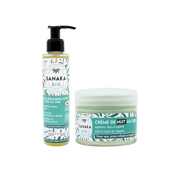 SANAKA BIO Huile démaquillante et Crème de nuit au CBD, Routine de nuit apaisante, Nettoyant, doux, hydratant. Huile de Chanv