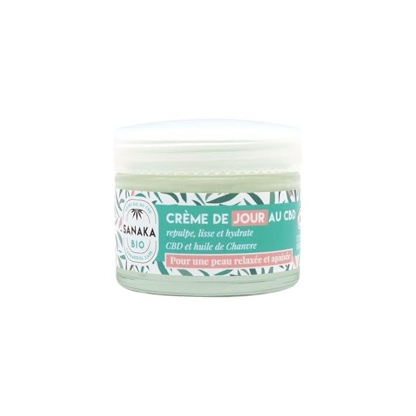 SANAKA BIO Crème de jour au CBD apaisant. Acide hyaluronique, Huile de chanvre BIO, Aloe vera. 99% d’origine naturelle, vegan