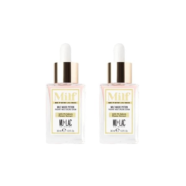 Mulac Cosmetics Lot de 2 pièces MILF MAGIC POTION Sérum Visage Illuminant Hydratant avec 5% Extrait Fleurs de Sakura 30 ml Ve