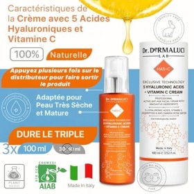 Creme Hydratante Visage Anti-rides 5 Acides Hyaluroniques Vitamine C BIO 100ml | Hexapeptide Rose Damascena | Soins pour le V