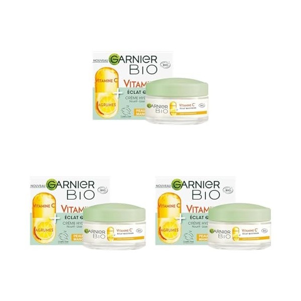 Garnier - Crème Hydratante Bio - Hydratation et Éclat Au Quotidien - Enrichi en Vitamine C et Agrumes - Pour les Peaux Sèches