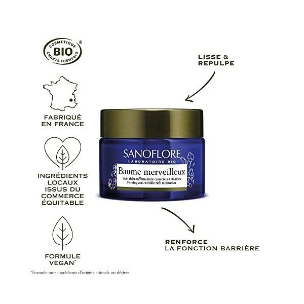 Sanoflore Baume Merveilleux - Crème Anti-Rides Raffermissante Visage Certifié Bio - Huiles Essentielles - 50 ml