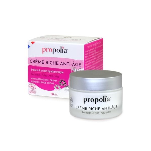 PROPOLIA - Bio - Crème riche anti-âge - Pollen, Acide hyaluronique & Huile de prune - Soin visage anti-rides et fermeté - Pou