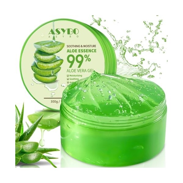 ASYBO 300 ML Aloe Vera Gel - 99% Aloe Vera pur hydratant visage et corps hydratant, crème naturelle à laloe vera pour peaux 