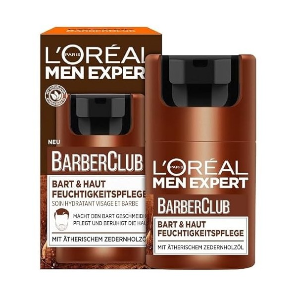 LOréal Men Expert Barber Club Crème hydratante pour barbe et peau pour homme avec parfum boisé et huile essentielle de bois 