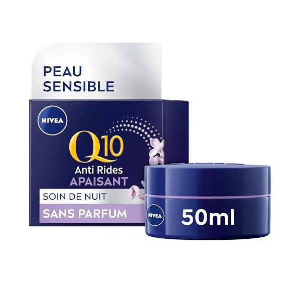 NIVEA Q10 Sensitive Soin de Nuit 1 x 50 ml , crème anti rides enrichie en Q10 pur et extrait de réglisse, crème anti-âge boo