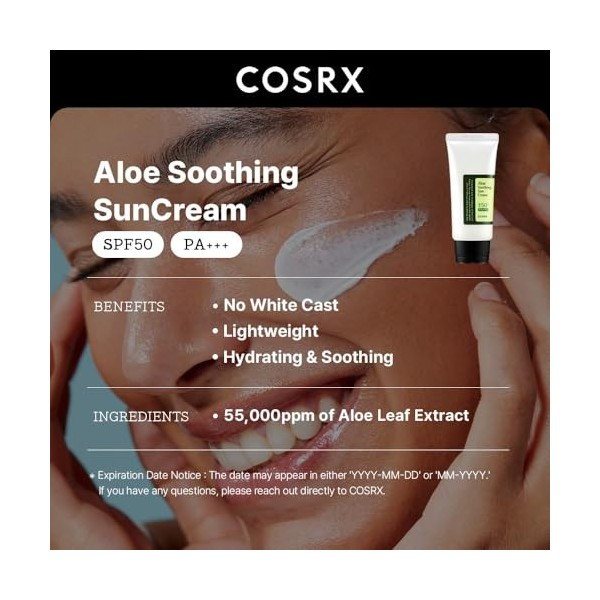 COSRX Aloe Soothing Sun Cream SPF 50 Crème solaire hydratante à laloe vera pour tous les types de peau, visage et corps Coré