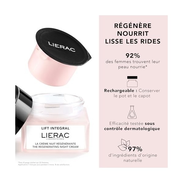 Lierac - Lift Integral - Recharge de la Crème Nuit Régénérante 50ml - Soin Visage - Régénère - Nourrit - Lisse les rides - 97