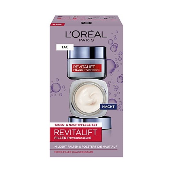 LOréal Paris Lot de 2 soins du visage anti-âge à lacide hyaluronique Revitalift Filler - Soin de jour et de nuit contre les