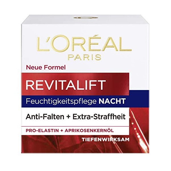 LOréal Paris Soin de nuit Revitalift, soin du visage anti-âge, anti-rides et extra fermeté, pro-élastine et huile de noyau d