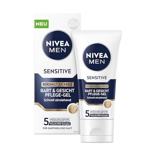 NIVEA MEN Sensitive Gel de soin pour barbe et visage à absorption rapide pour la peau sensible des hommes, soin apaisant du v