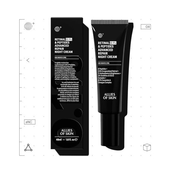 Allies of Skin Retinal 0.1% Peptides Repair Night Cream with Patented 0.1% Encapsulated Retinal, 6 Peptides, 2% Ornithine & E