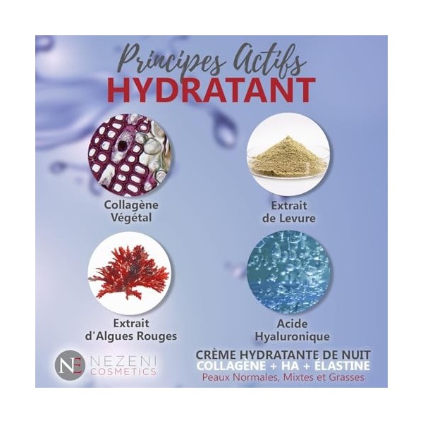 Crème de nuit hydratante pour le visage au collagène nourrissant Nezeni | 11 ingrédients actifs | Augmente la production de c