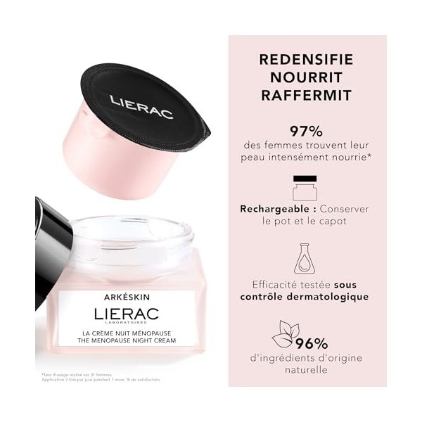 Lierac - Arkéskin- Recharge de la Crème Nuit Ménopause 50ml - Soin Visage Ménopause - Redensifie - Nourrit - Raffermit - 96% 