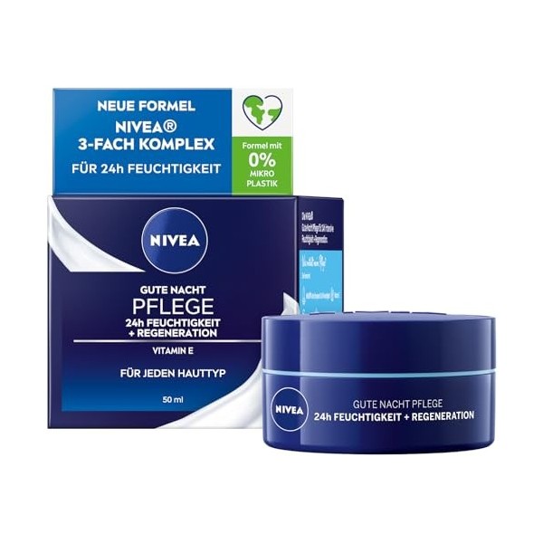 NIVEA Bon soin de nuit 24 h hydratant + régénération 50 ml , soin de nuit léger pour une hydratation intense, crème de nuit 