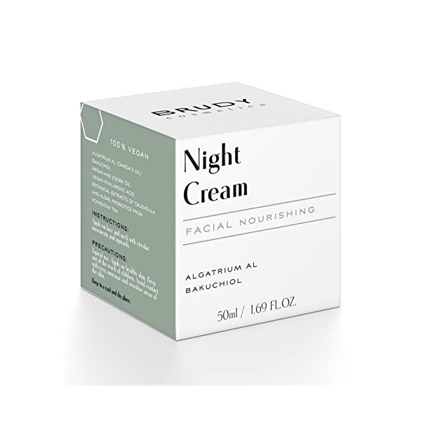 Brudy Cosmetics - Crème de nuit anti-âge avec DHA, huile de jojoba et dargan. Lisse les rides, les effets du stress et de l