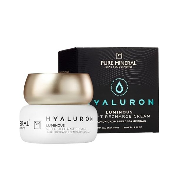 Pure Mineral - Crème de Nuit Régénérante Lumineuse Hyaluron pour Tous Types de Peau - Minéraux Mer Morte, Hydratation Intense