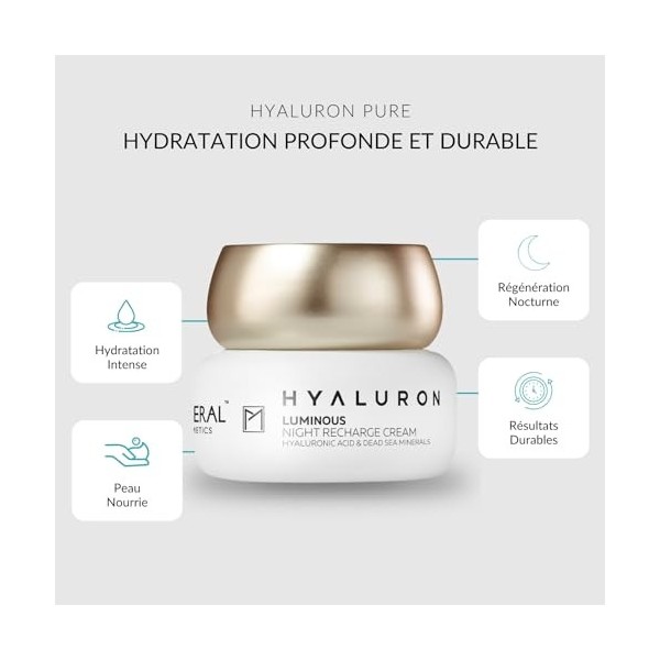 Pure Mineral - Crème de Nuit Régénérante Lumineuse Hyaluron pour Tous Types de Peau - Minéraux Mer Morte, Hydratation Intense