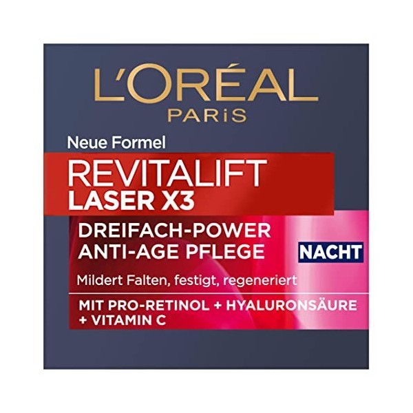 LOréal Paris Revitalift Laser X3 Soin de nuit triple action anti-âge avec pro-retinol + acide hyaluronique + vitamine C