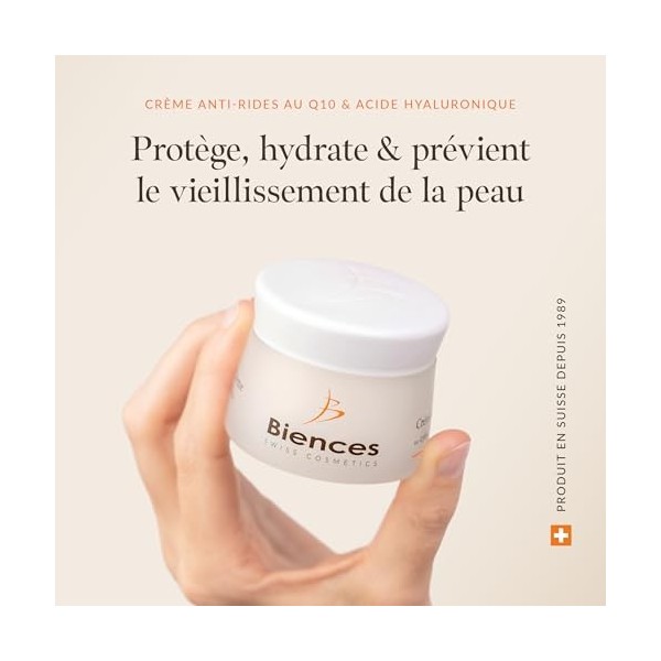 Biences Swiss Cosmetics - Crème Anti-Rides Hydratante au Q10 et Acide Hyaluronique - 100/100 Yuka & 99,74% Naturelle - Conçue