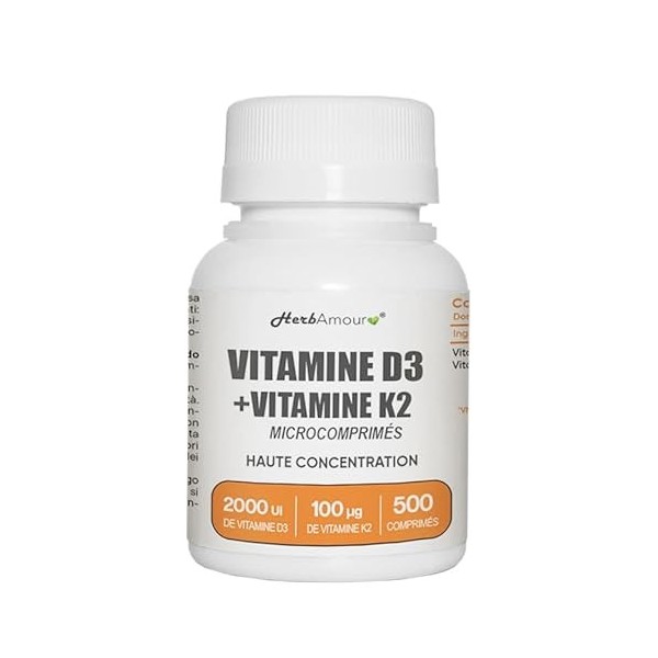 VITAMINE D3 K2 Stock Pour 1 an et 4 Mois 500 Micro-Comprimés Haute Dose et Absorption I Vitamine D3 de 50 μg de 2.000 U.I. 