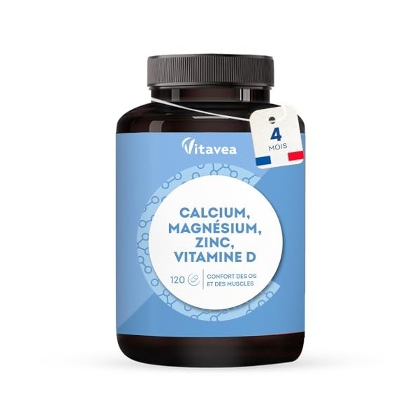 Calcium, Magnésium, Zinc, Vitamine D3 - Confort Os et Muscles - Complexe santé osseuse, énergie et immunité - 120 Comprimés -