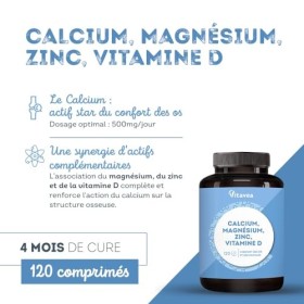 Calcium, Magnésium, Zinc, Vitamine D3 - Confort Os et Muscles - Complexe santé osseuse, énergie et immunité - 120 Comprimés -