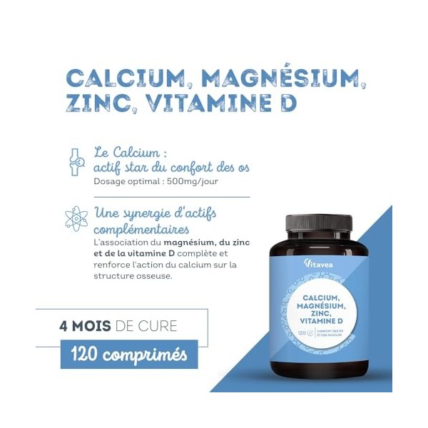 Calcium, Magnésium, Zinc, Vitamine D3 - Confort Os et Muscles - Complexe santé osseuse, énergie et immunité - 120 Comprimés -