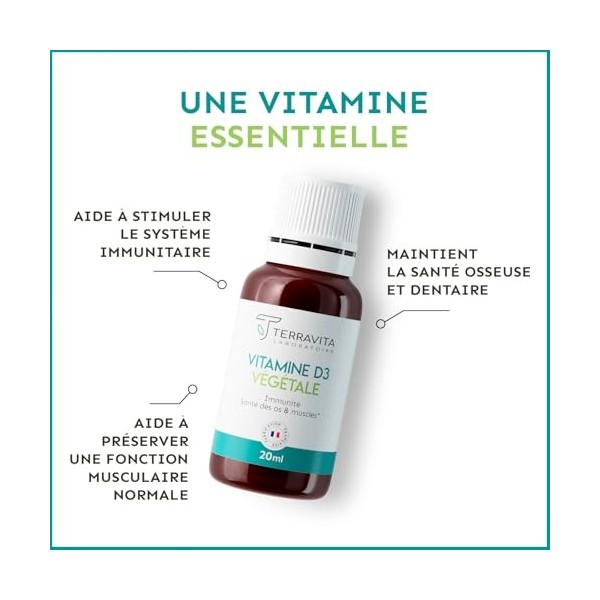 Vitamine D3 Végétale D3V® | 2000 UI | Flacon de 20 ml | 8 Mois de Cure | Haute Absorption | Santé des Os & Immunité | Enfants