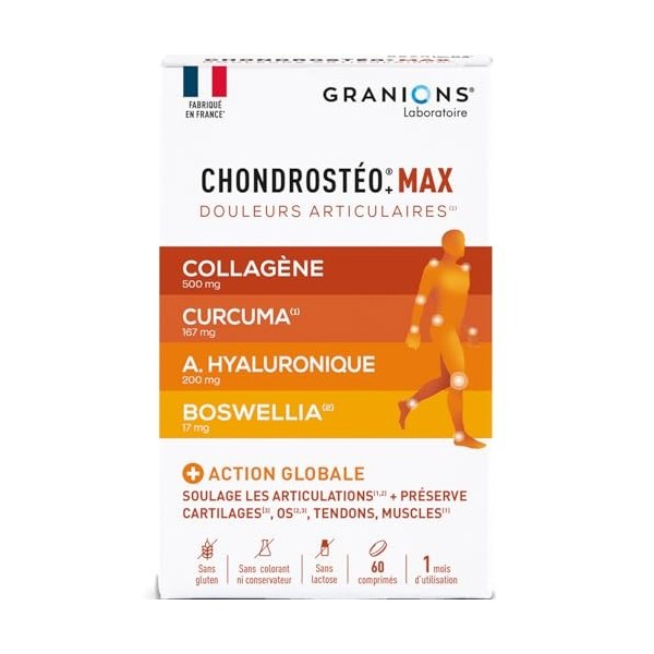 GRANIONS CHONDROSTEO+ MAX - Collagene Marin + Acide Hyaluronique + Curcuma + Cuivre + Curcuma + Bromelaine + Vitamine D3 - Co