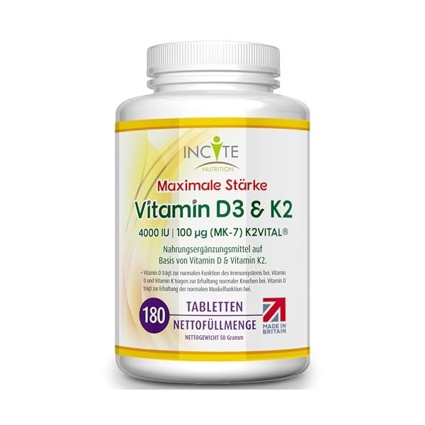 Incite Nutrition Vitamine D3 2000 UI + K2 MK7 100 µg – 180 Comprimés Végétariens de Qualité – 12 Mois dApprovisionnement –