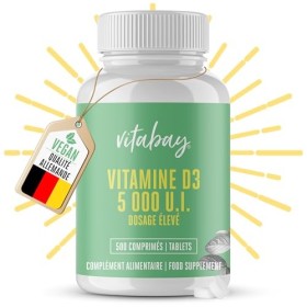 Vitabay Vitamine D3 Depot 5000 UI - 500 comprimés végétaliens hautement dosés - Sans additifs indésirables - Contribue au fon