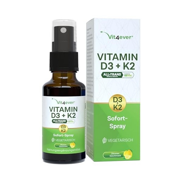 Vitamine D3 + K2 instantanée - Spray 50 ml - Goût citron - 99,7+% All-Trans Original K2VITAL® de Kappa - Testé en laboratoi
